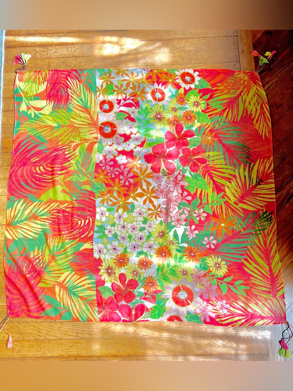 Tropical women’s scarf with beaded tassels at each corner 38 x 38